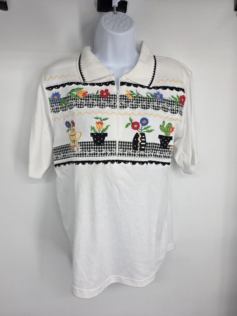 Vintage Koret Womens S White Embroidered Floral Gingham Quarter Zip Polo Shirt